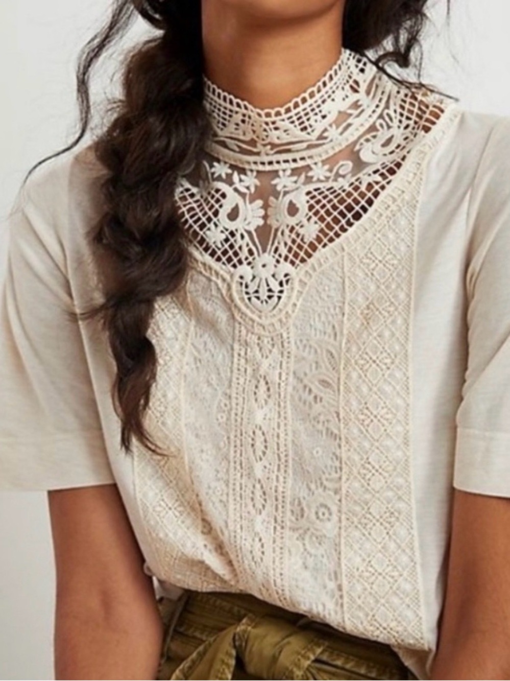 Anthropologie Tiny Celine High Lace Neck, Short Sleeve Top - Cream
